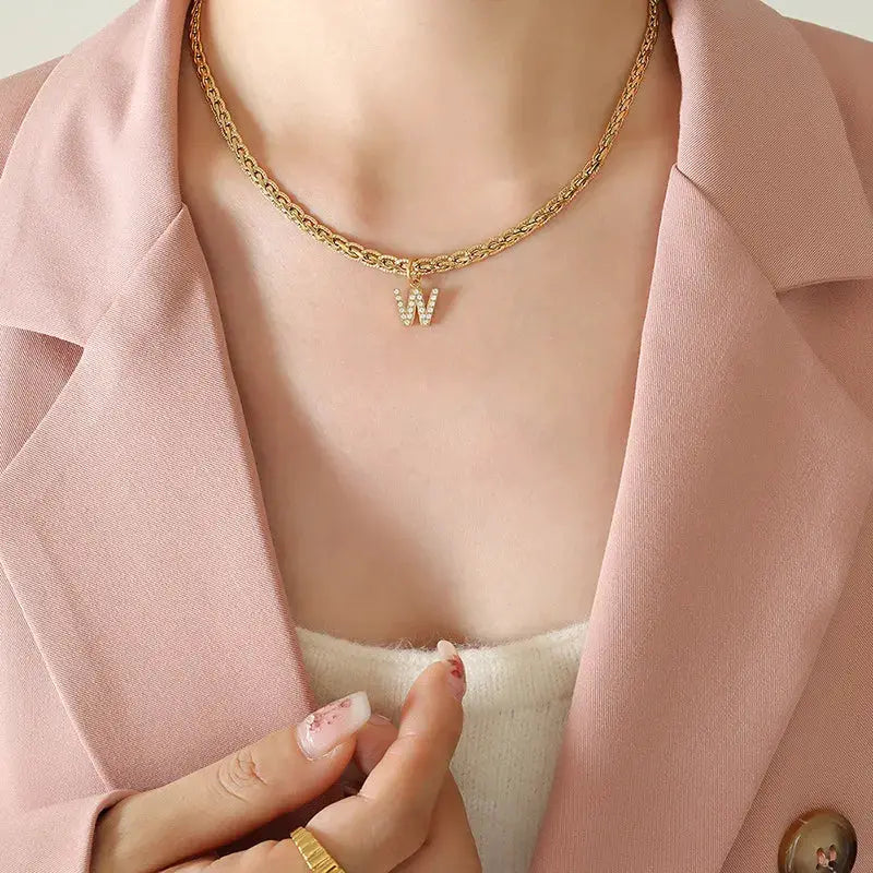 Brass Inlaid Zircon Letter Pendant Necklace by Trendsi