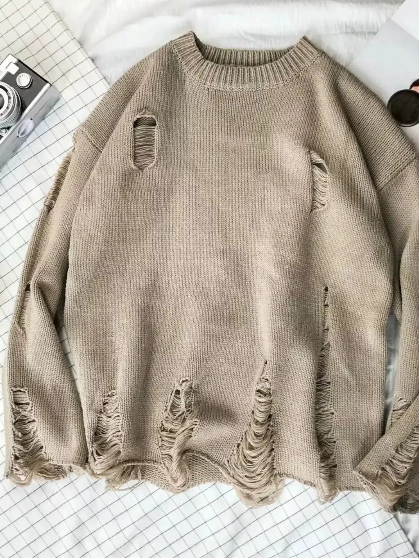 Men's Distressed Round Neck Sweater by Trendsi