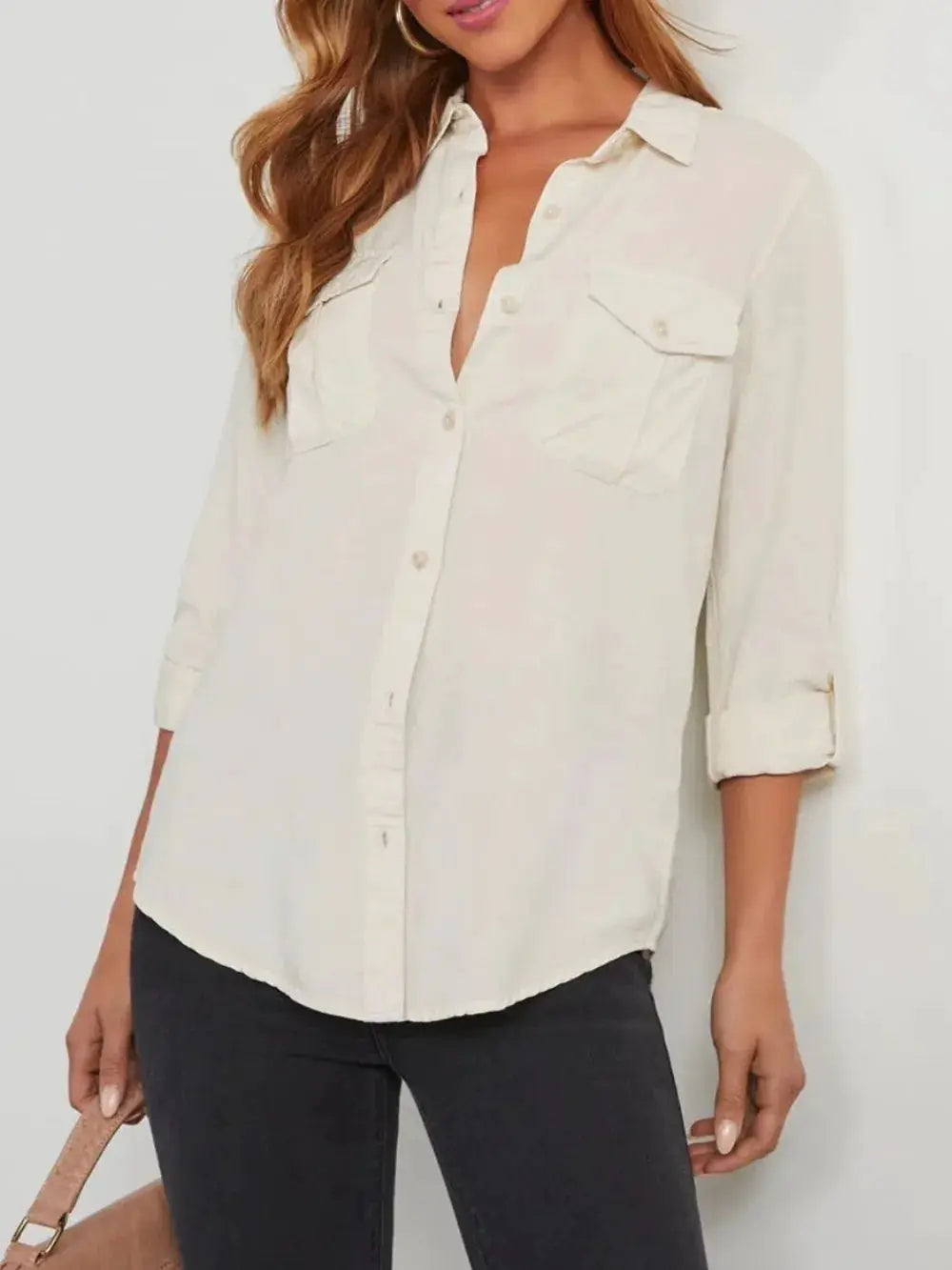 Collared Neck Roll-Tab Sleeve Denim Top by Trendsi