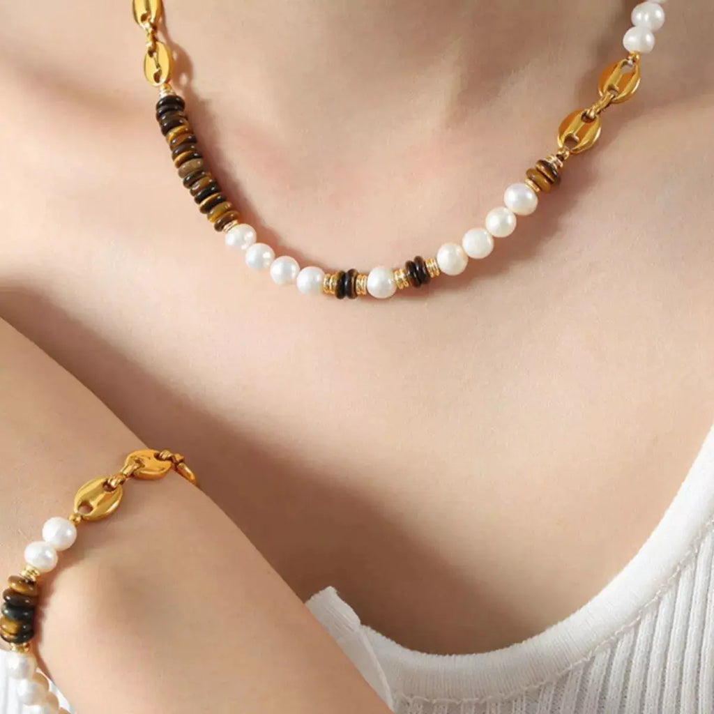 Tiger's Eye Freshwater Pearl 18K Gold-Plated Bead Necklace by Trendsi