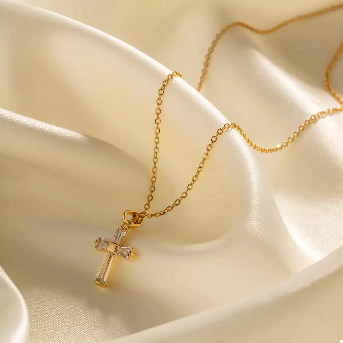 18K Gold-Plated Stainless Steel Zircon Cross Necklace by Trendsi