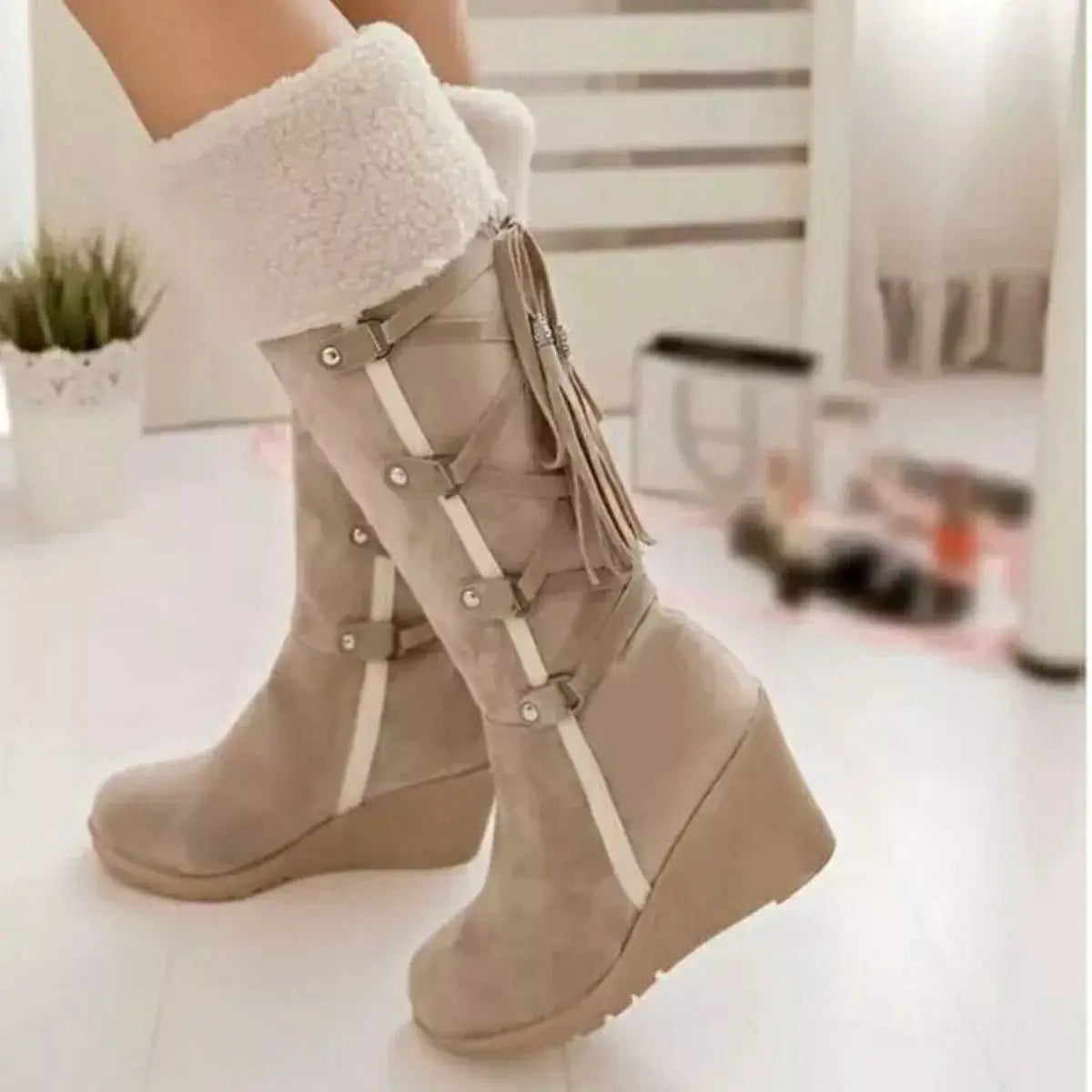 Suede Wedge Boots with Fur Cuff by Trendsi
