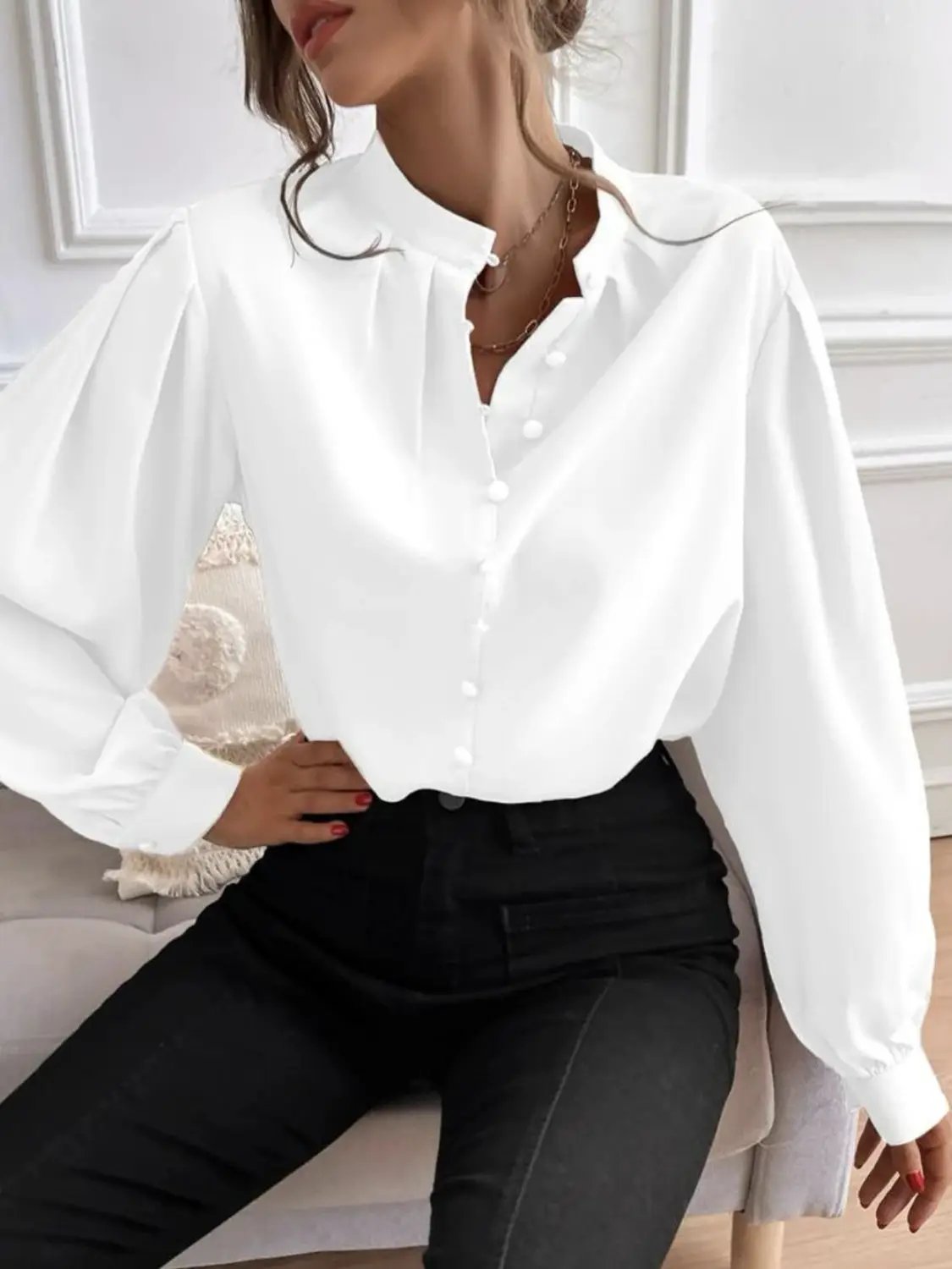 Mock Neck Button Front Shirt by Trendsi