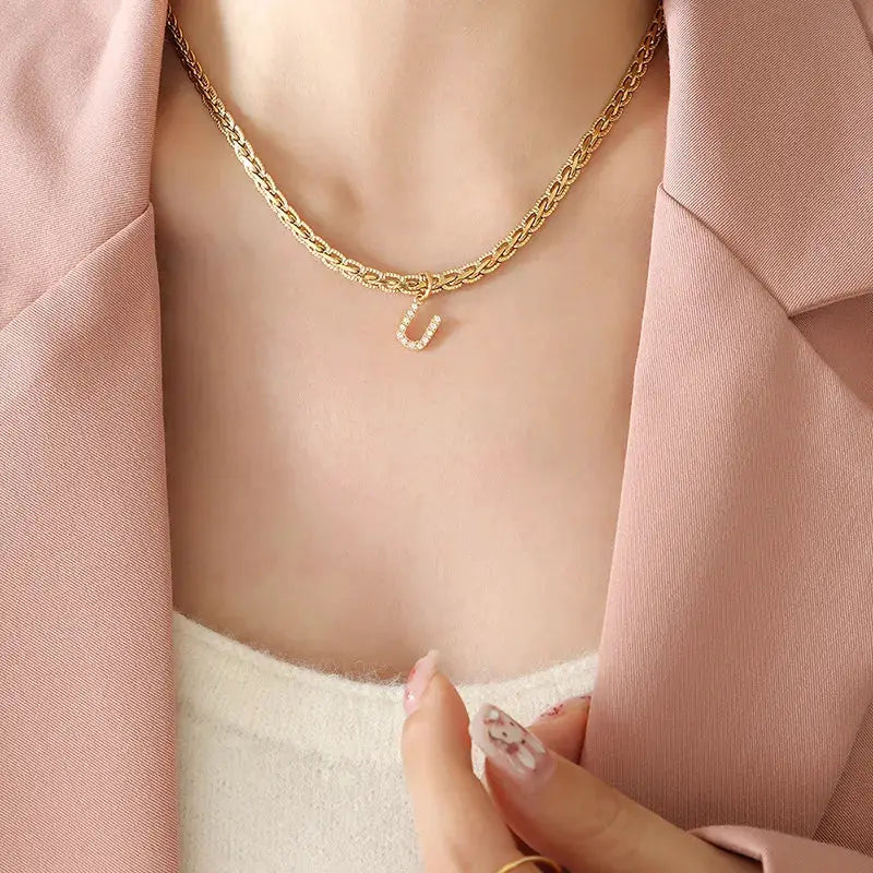 Brass Inlaid Zircon Letter Pendant Necklace by Trendsi