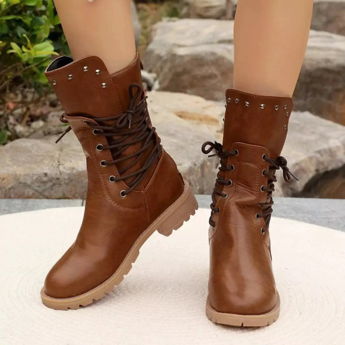 Studded Lace-Up Boots by Trendsi