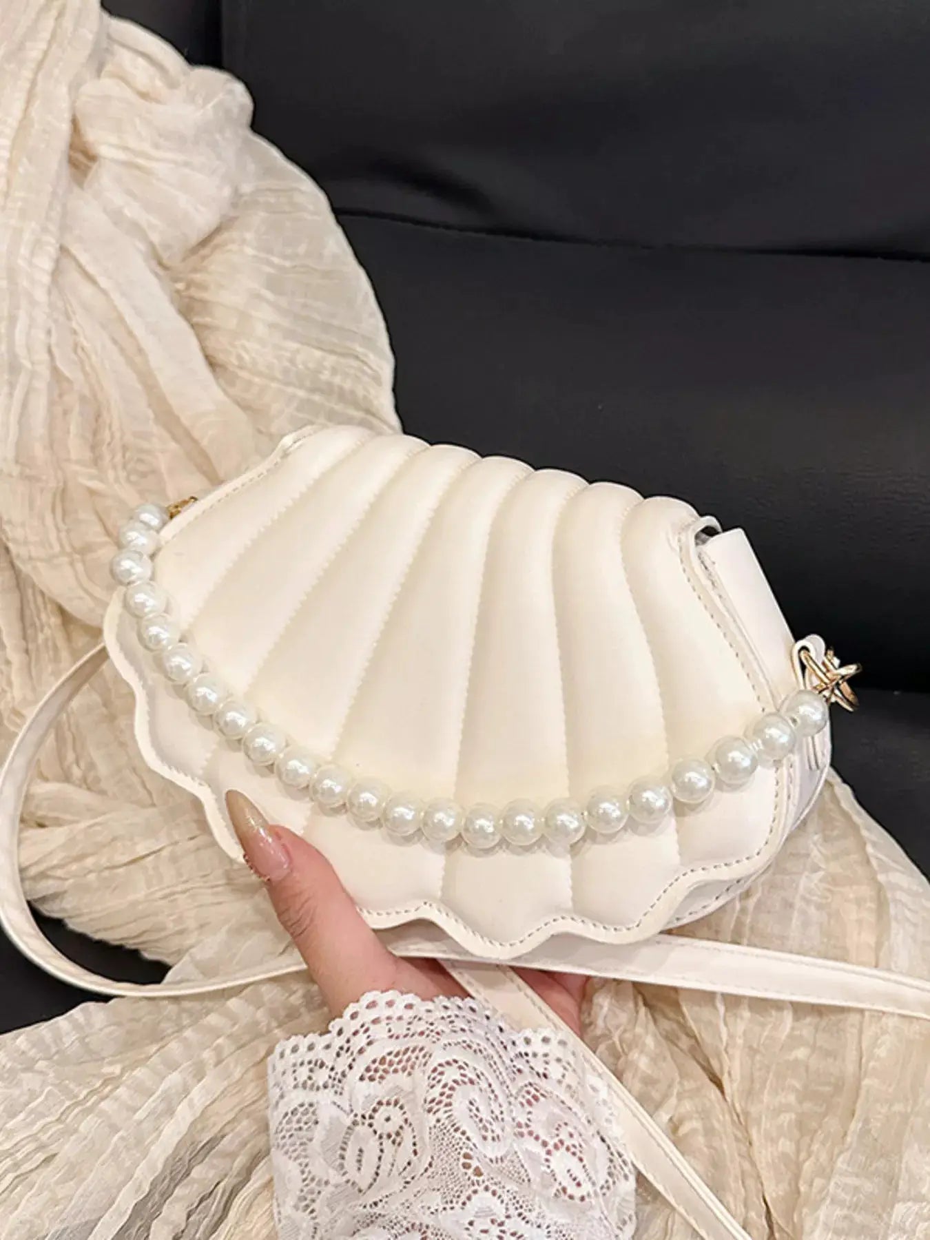Shell-Shaped Pearl Decor Crossbody Bag by Trendsi