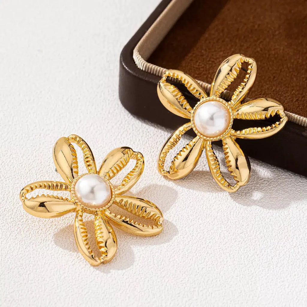18K Gold-Plated Gold Flower Synthetic Pearl Stud Earrings by Trendsi