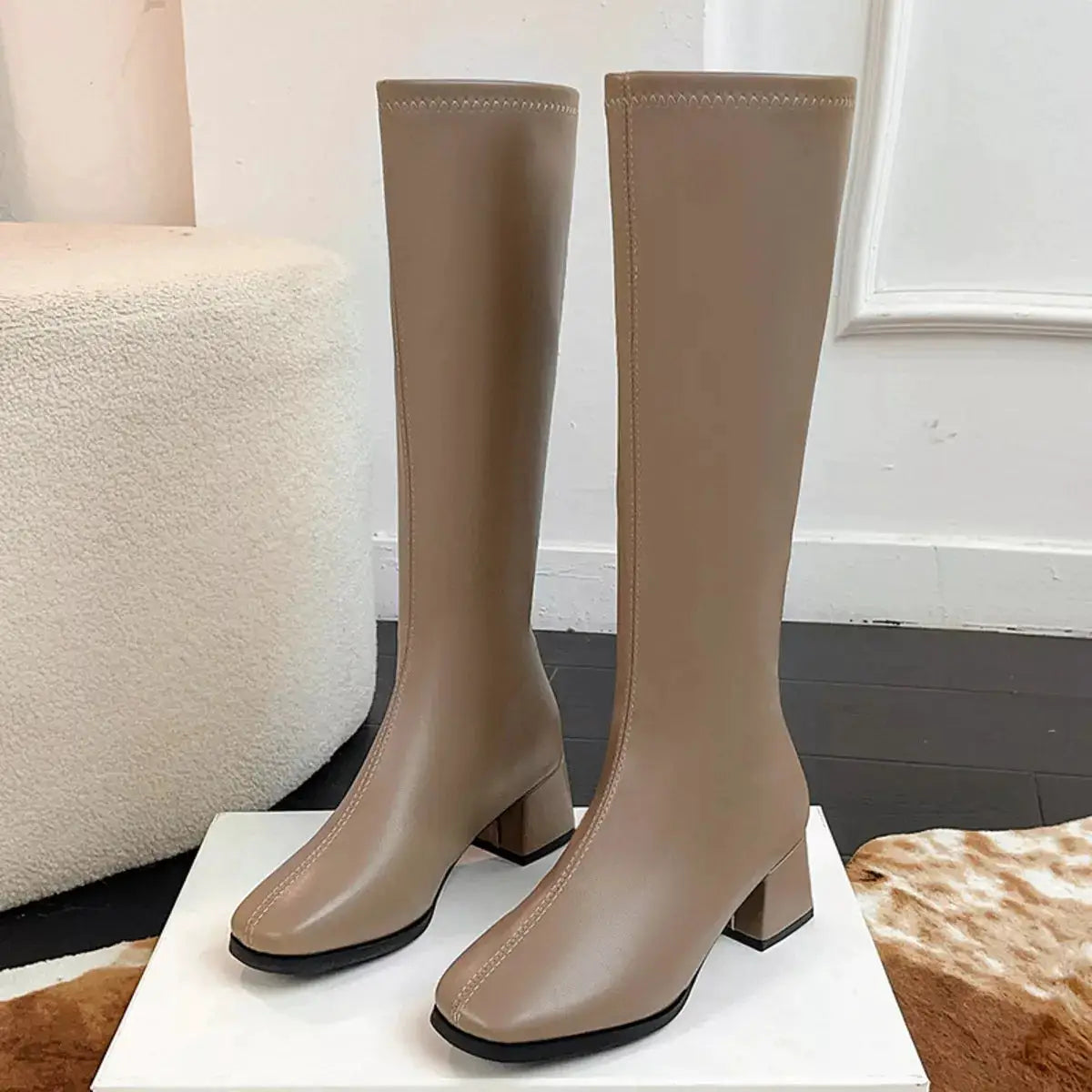 Square Toe Block Heels Boots by Trendsi