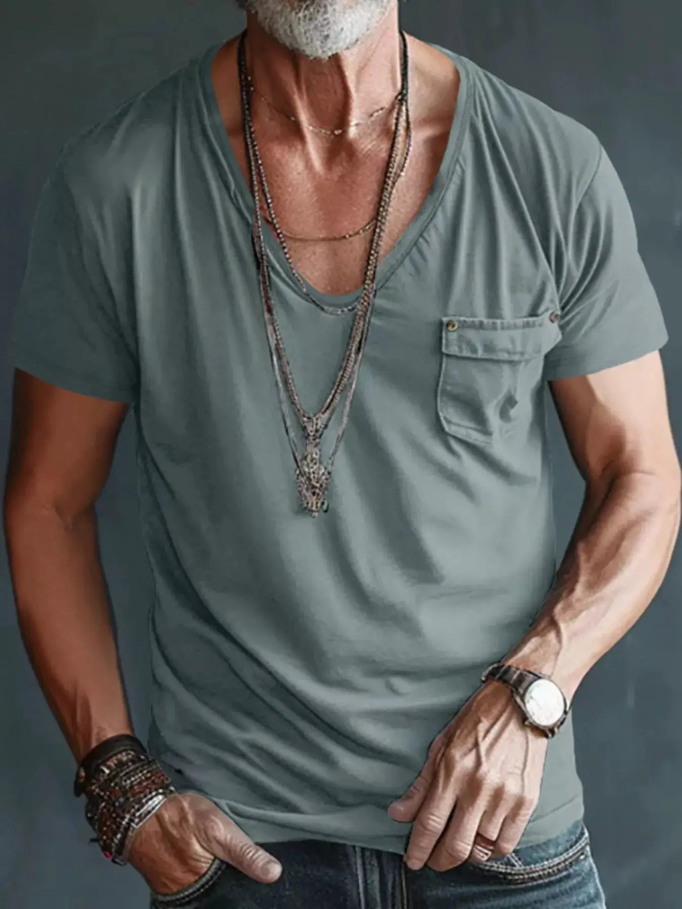 Men's Full Size V-Neck Pocket T-Shirt Plus Size by Trendsi