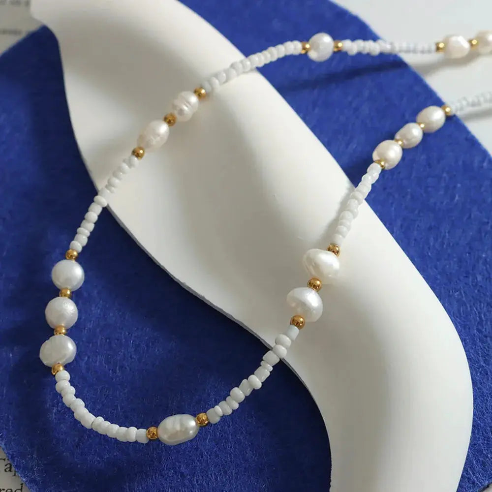 Titanium Steel Glass Bead Pearl Necklace by Trendsi