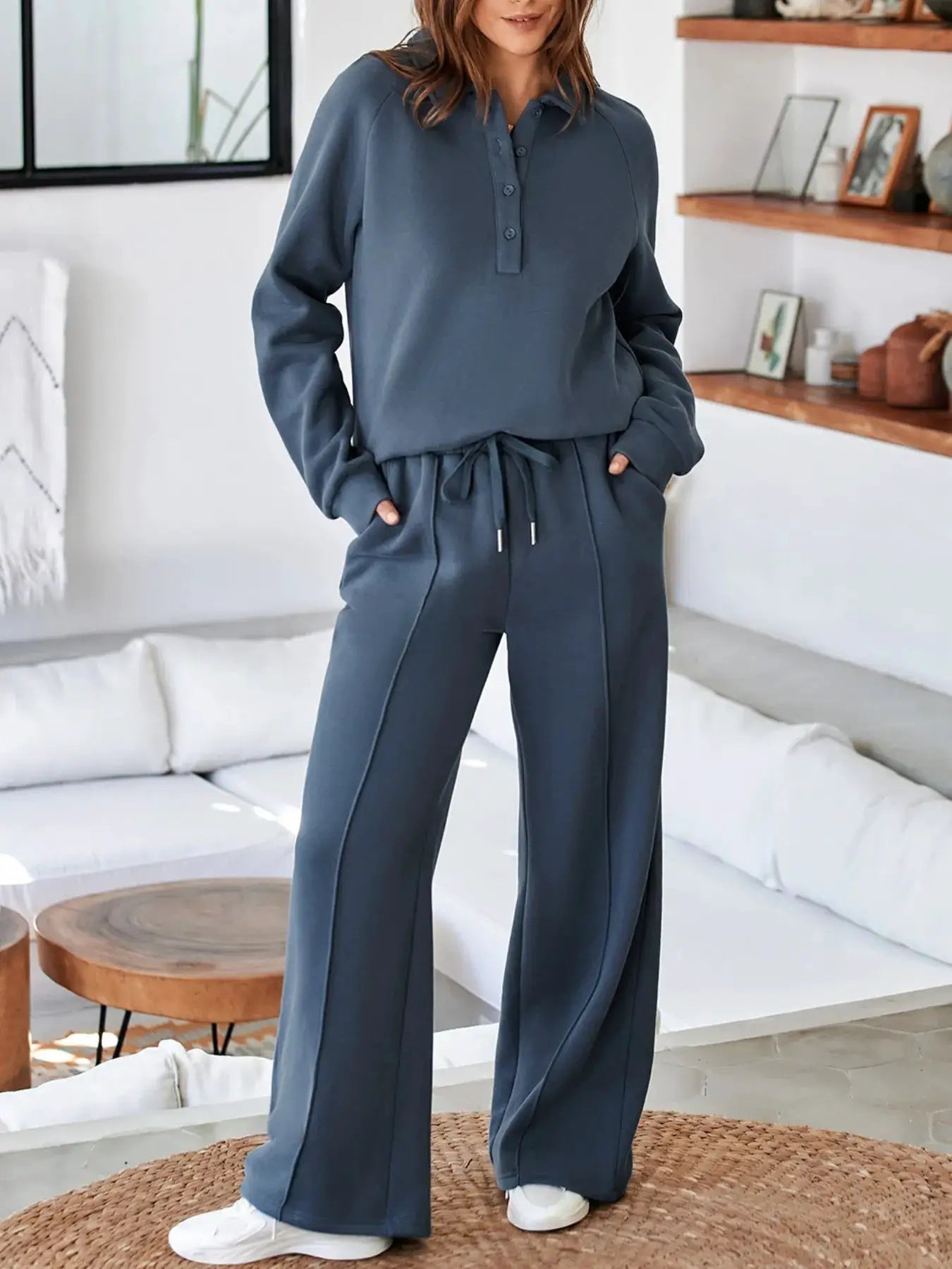 Collared Sweatshirt and High Waist Pants Active Set by Trendsi