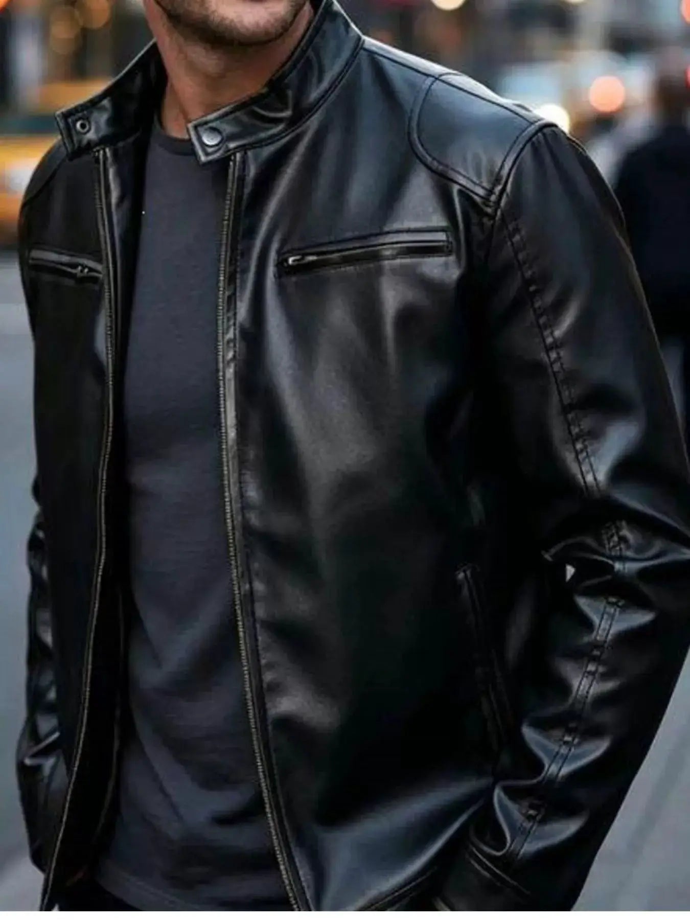 Men's Full Size Faux Leather Bomber Jacket with Zipper Pockets Plus Size by Trendsi
