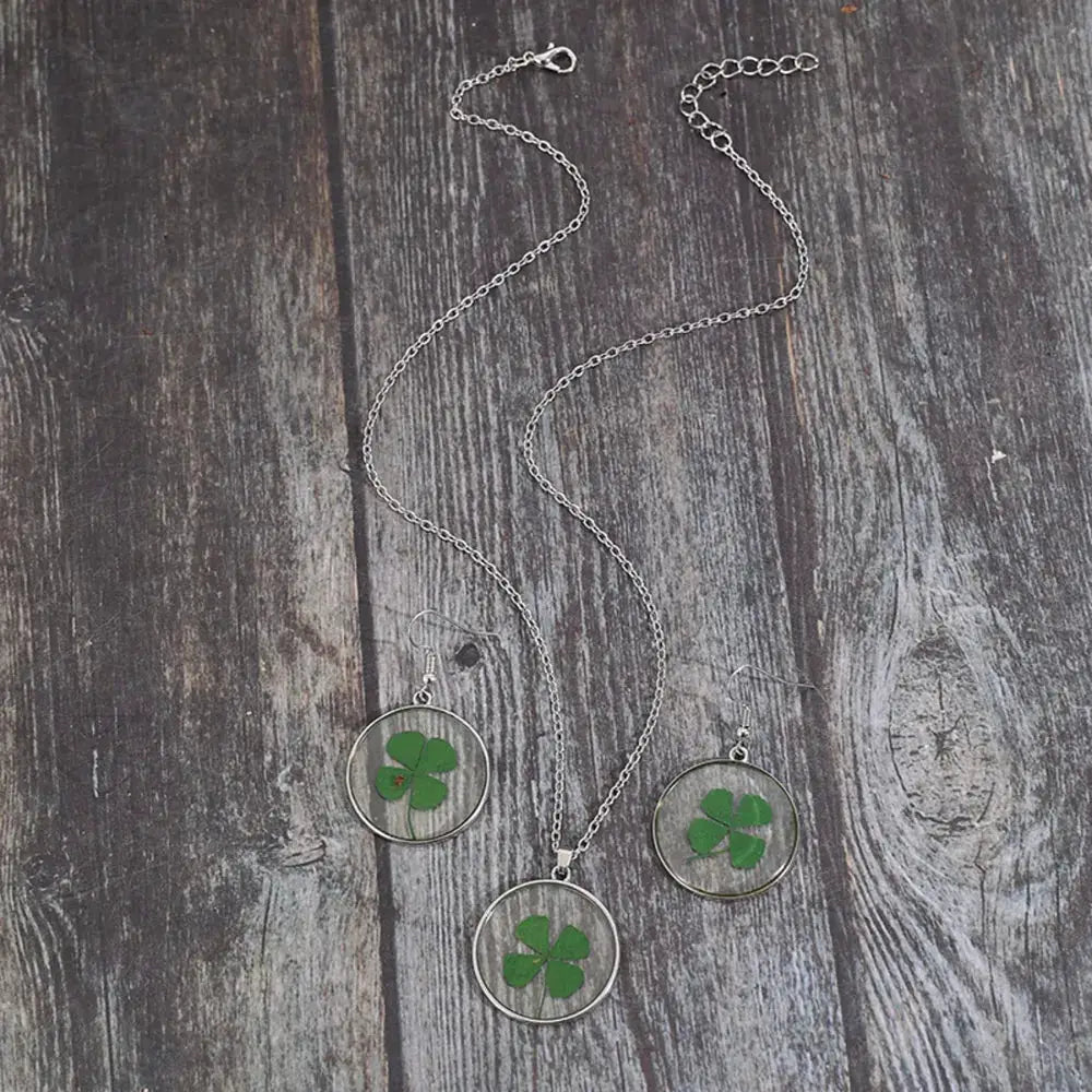 Lucky Clover Alloy Acrylic Earrings and Necklace Jewelry Set by Trendsi