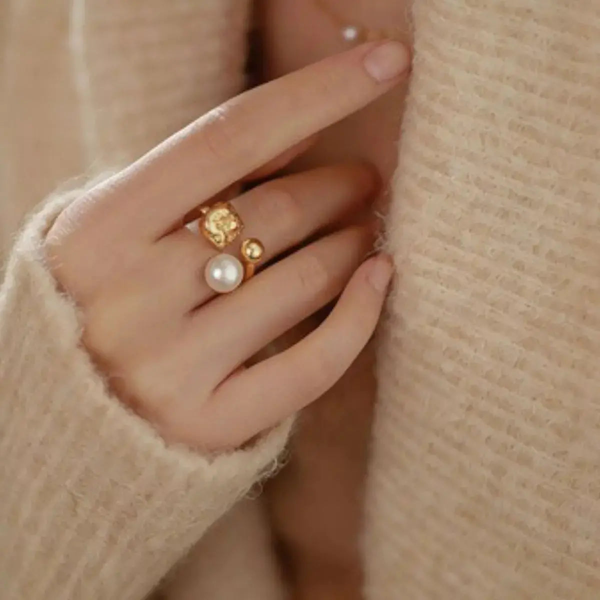 18K Gold-Plated Pearl Open Ring by Trendsi