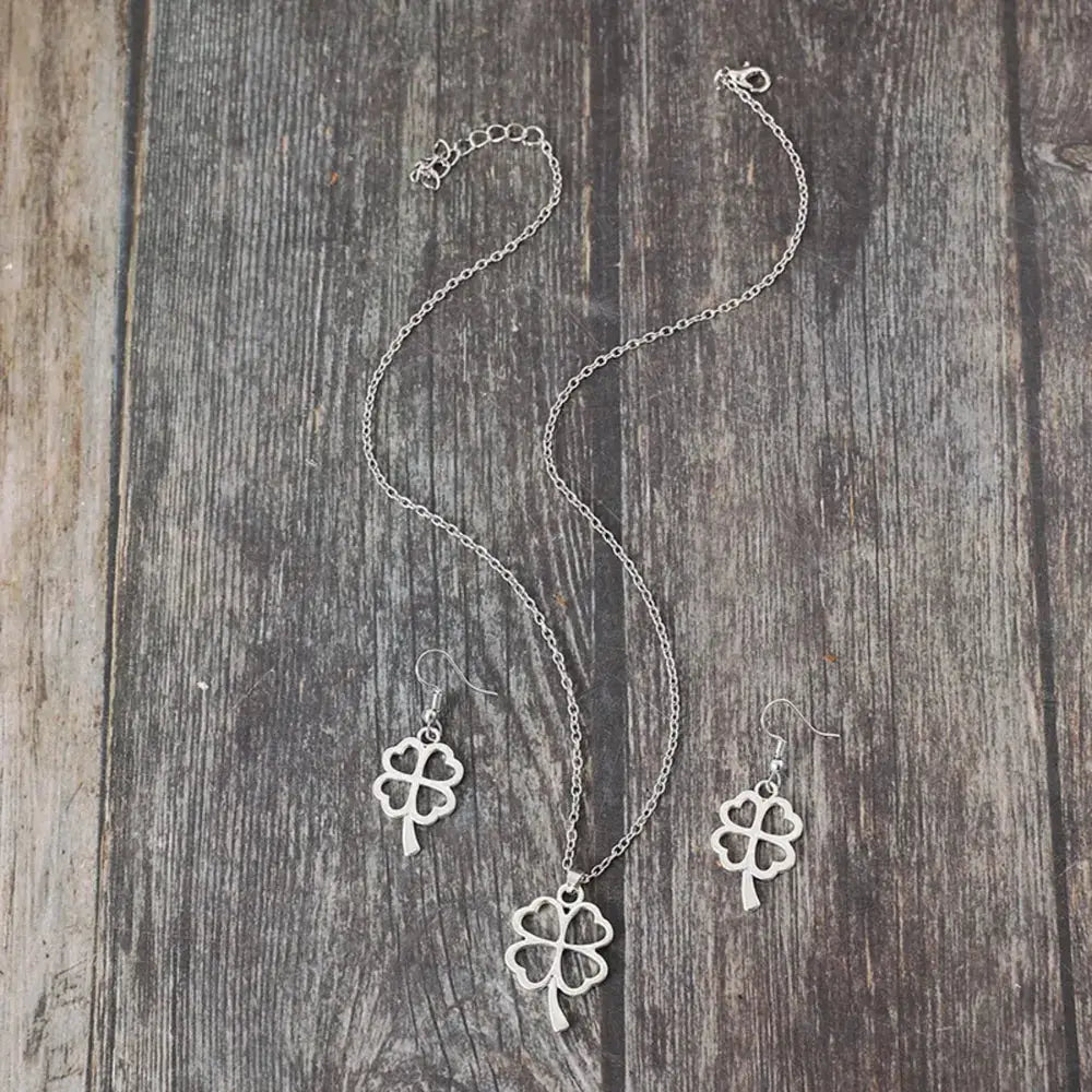 Lucky Clover Alloy Earrings and Necklace Jewelry Set by Trendsi