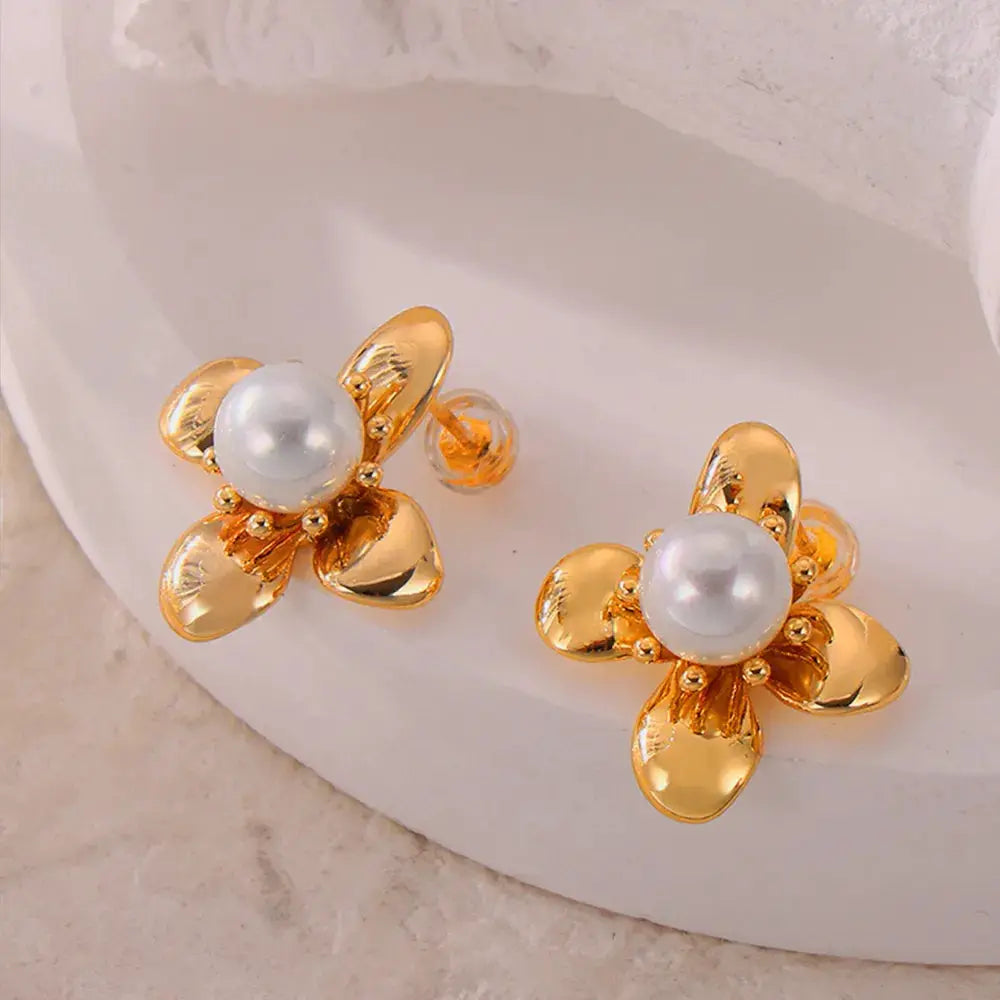 Synthetic Pearl Titanium Steel Flower Earrings by Trendsi