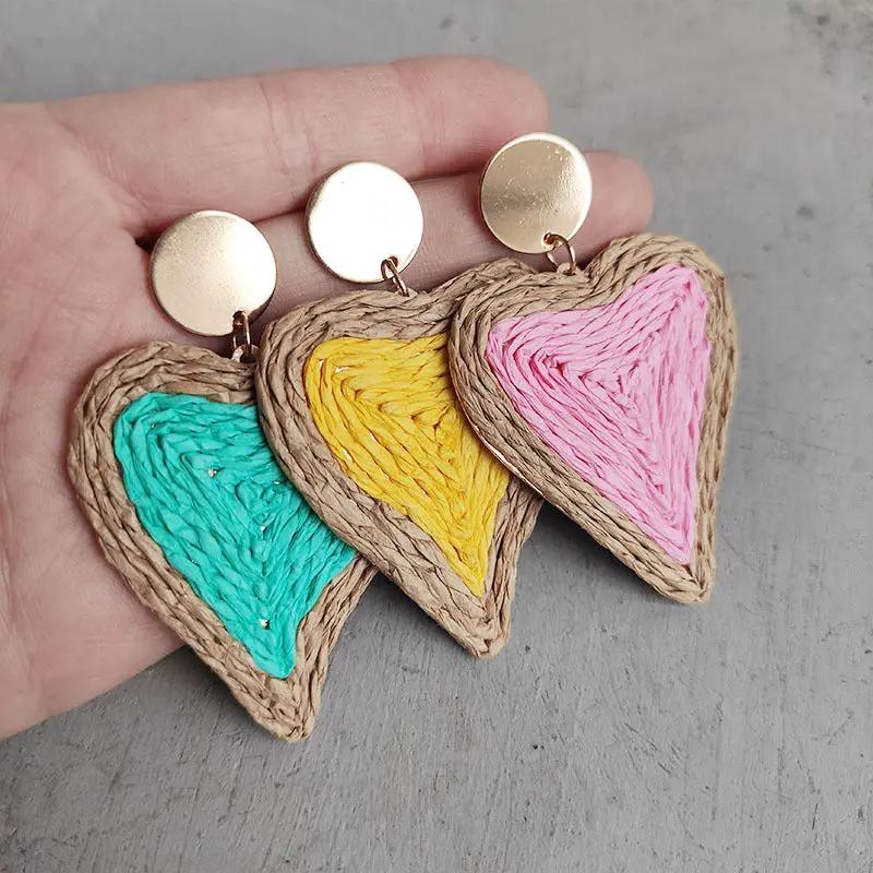 Raffia Grass Heart Teardrop Earrings by Trendsi