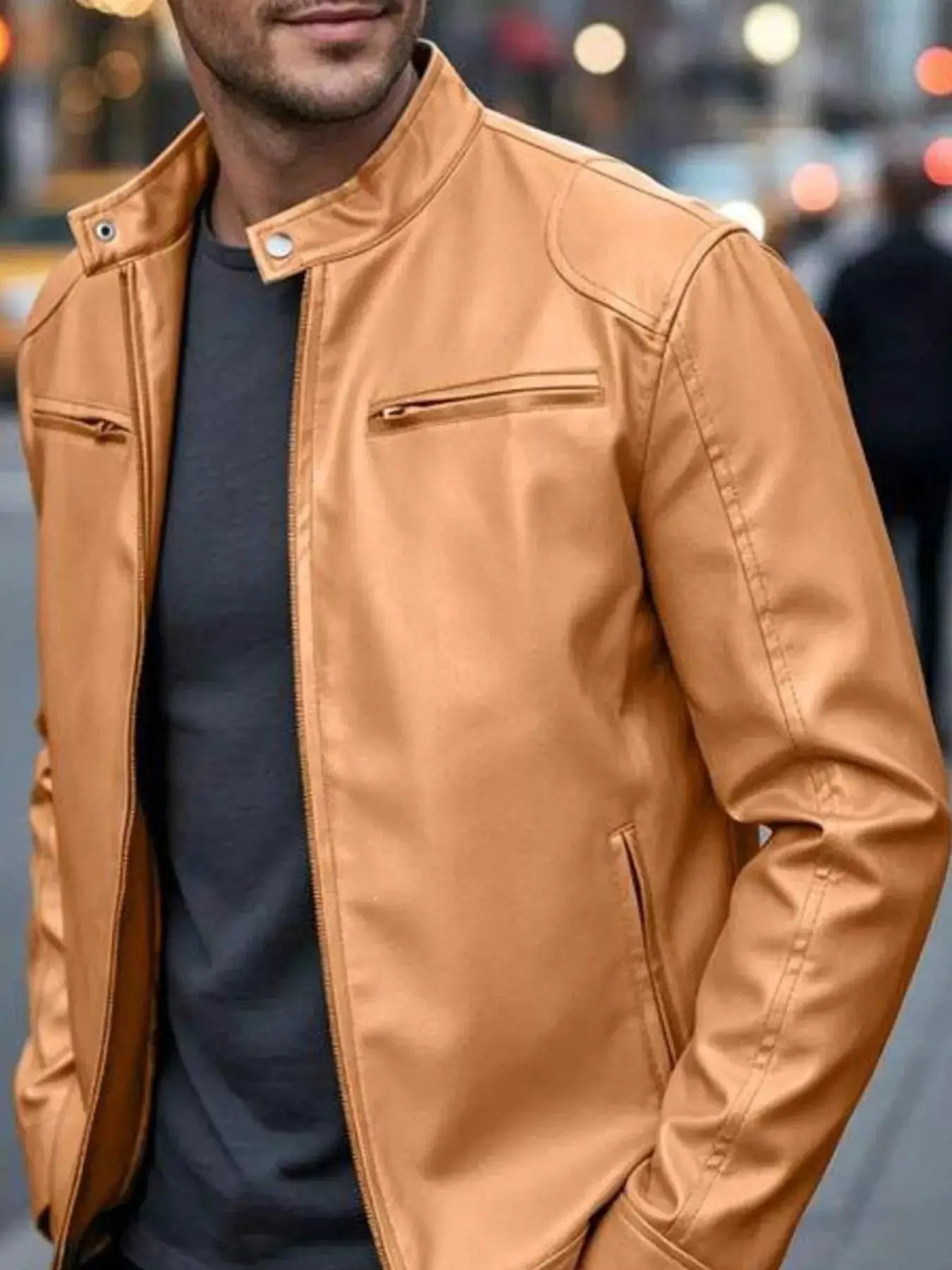 Men's Full Size Faux Leather Bomber Jacket with Zipper Pockets Plus Size by Trendsi