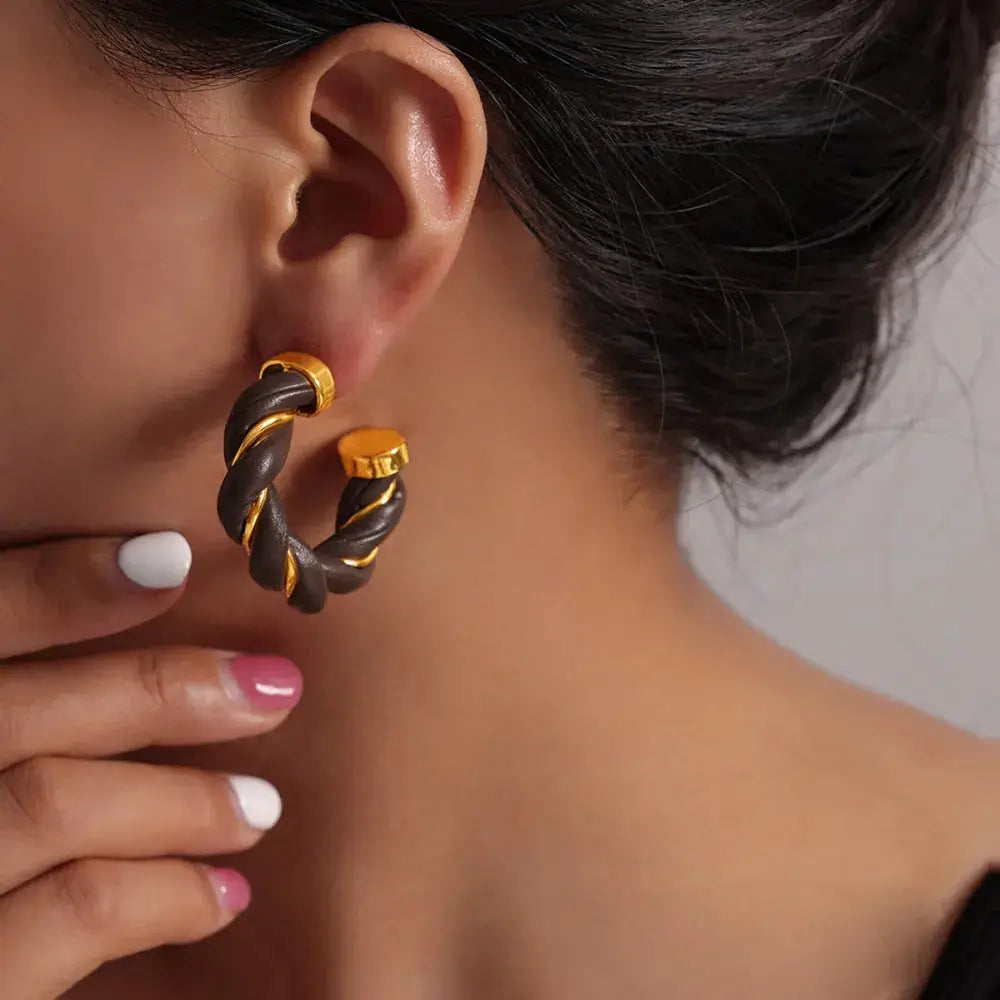 Twisted Leather Rope C-Hoop Earrings by Trendsi
