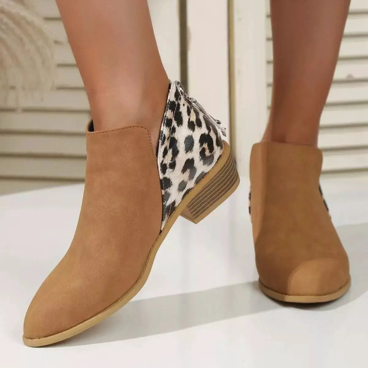 Leopard Point Toe Block Heels Boots by Trendsi