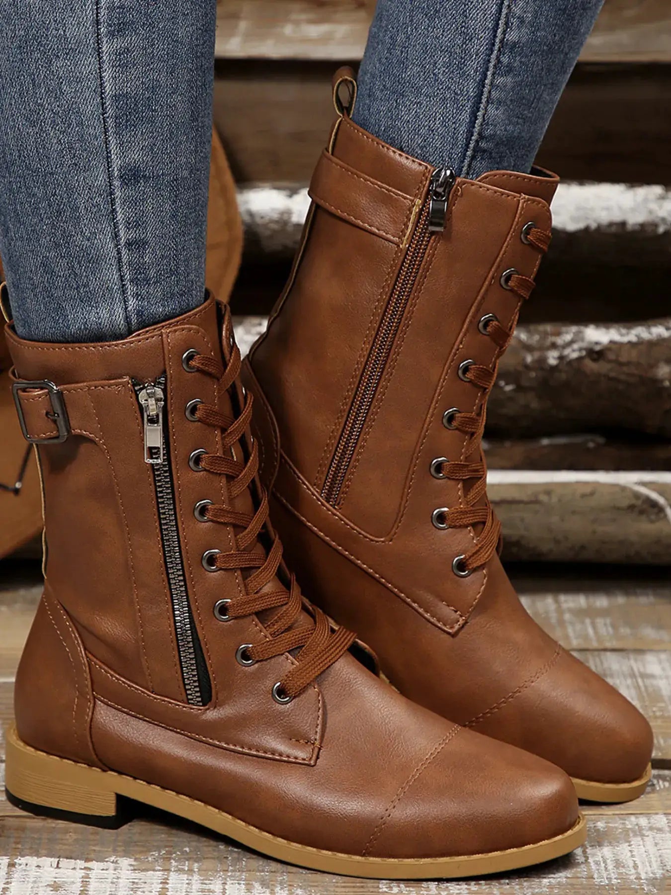 Lace Up Round Toe Boots by Trendsi