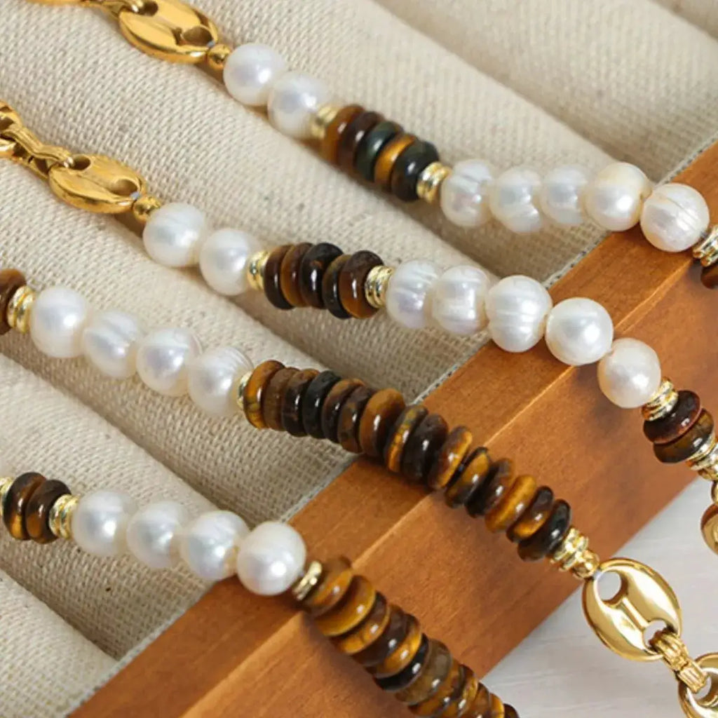 Tiger's Eye Freshwater Pearl 18K Gold-Plated Bead Necklace by Trendsi