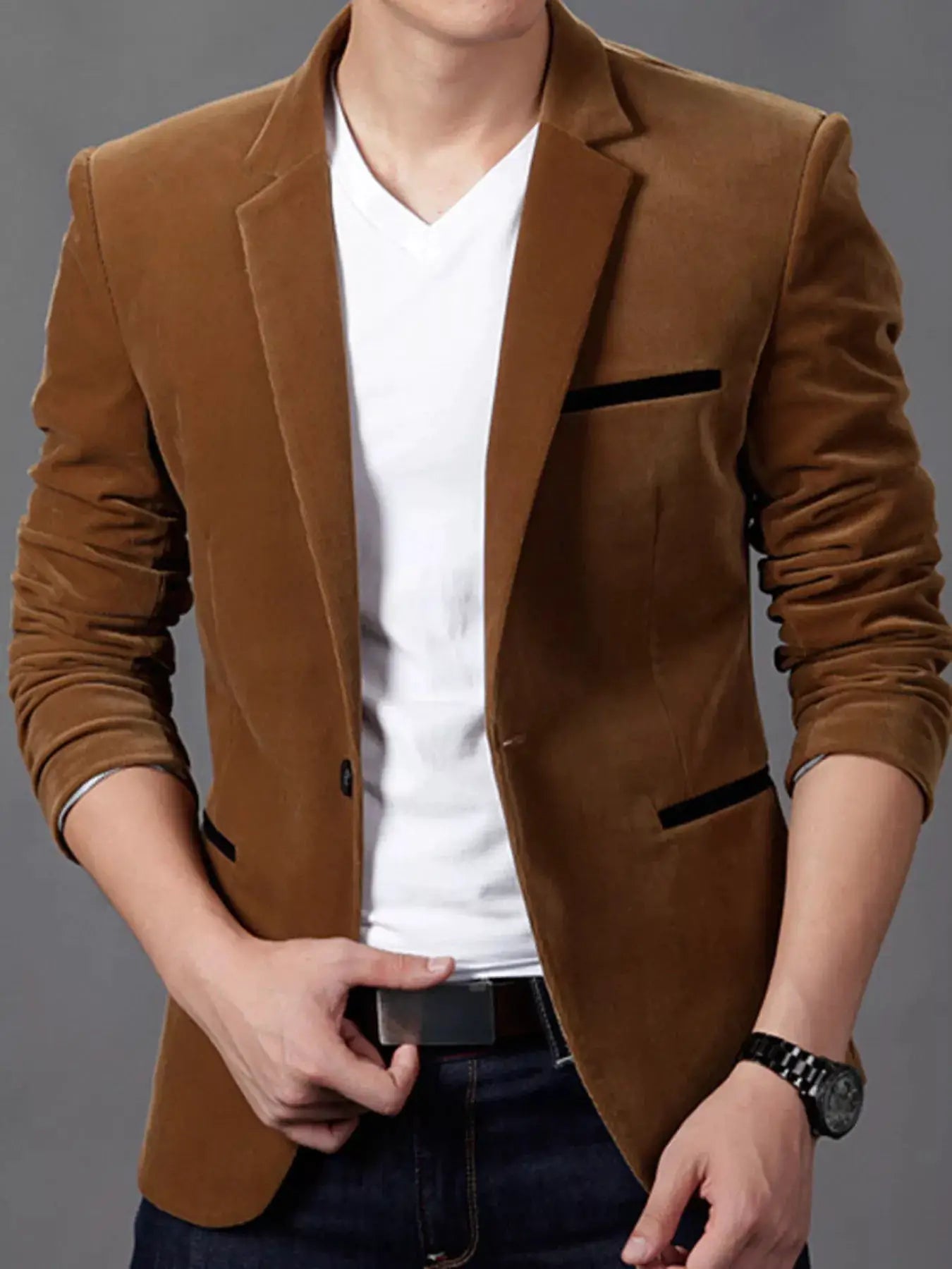 Men's Plus Size Slim Fit Velvet Blazer by Trendsi