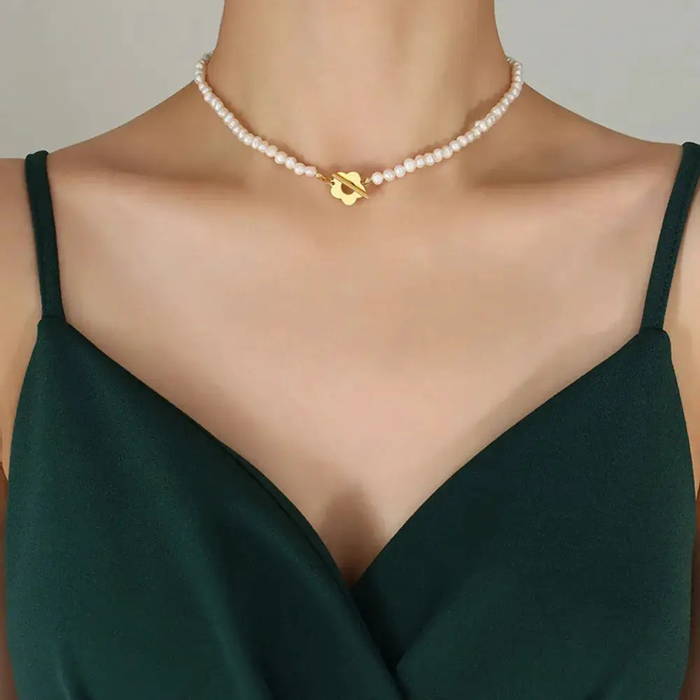 Titanium Steel Pearl Flower Necklace by Trendsi