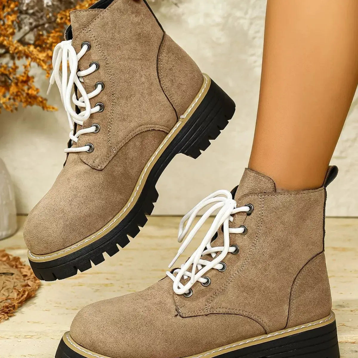 Round Toe Lace Up Boots by Trendsi