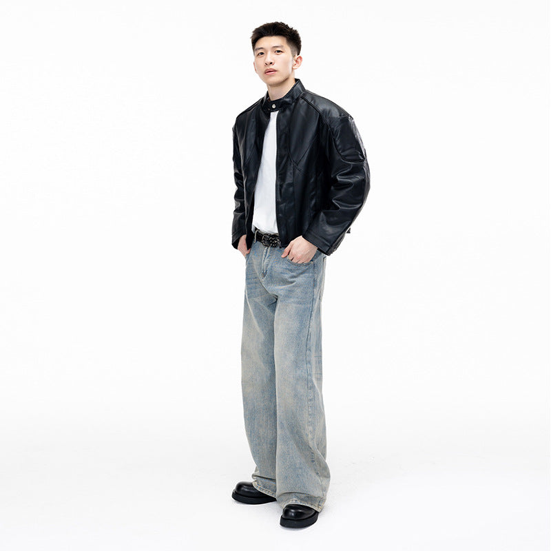 Retro PU Leather Motorcycle Jacket for Men Loose Casual Versatile Coat