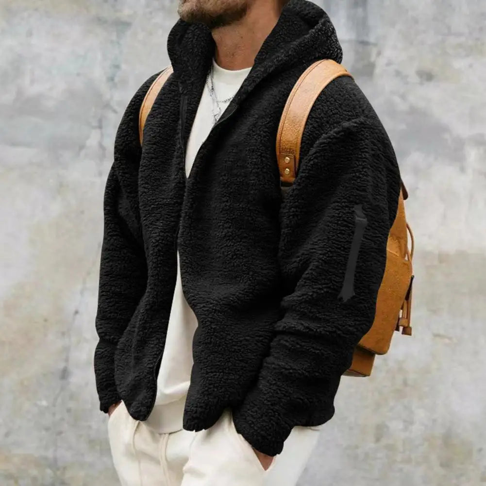 Men Fall Winter Coat Thick Plush Hooded Coat Zipper Closure Loose Cardigan Warm Cold Resistant Soft Men Jacket