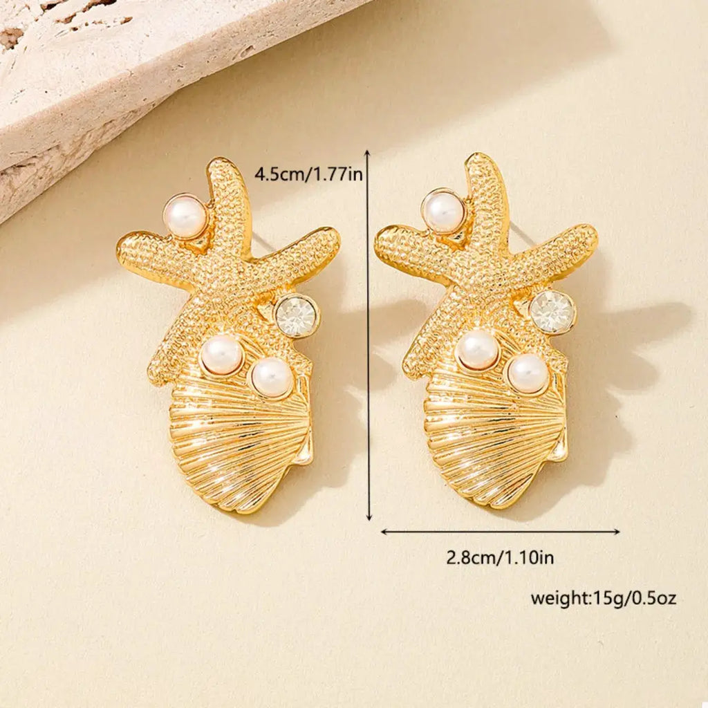 Ocean Starfish Shell Synthetic Pearl Drop Earrings by Trendsi