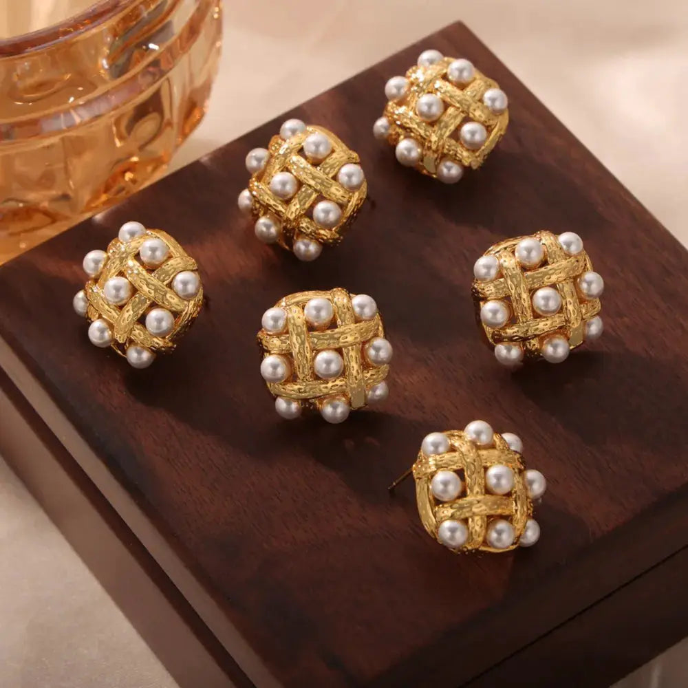 Copper Shell Pearl Stud Earrings by Trendsi