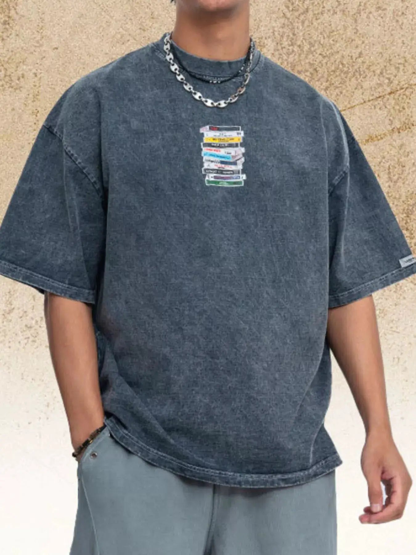 Men's Vintage Washed Cassette Tape Graphic T-Shirt by Trendsi