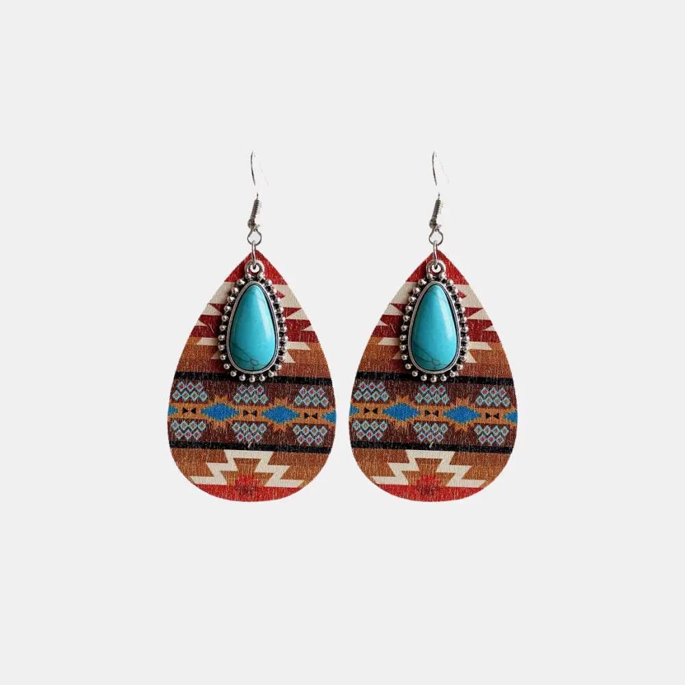Turquoise Teardrop Shape Wooden Dangle Earrings by Trendsi