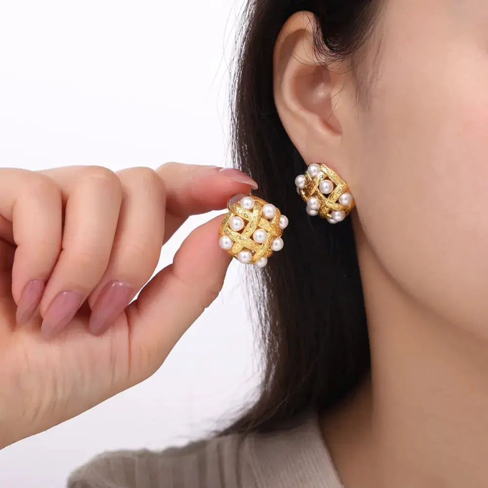 Copper Shell Pearl Stud Earrings by Trendsi