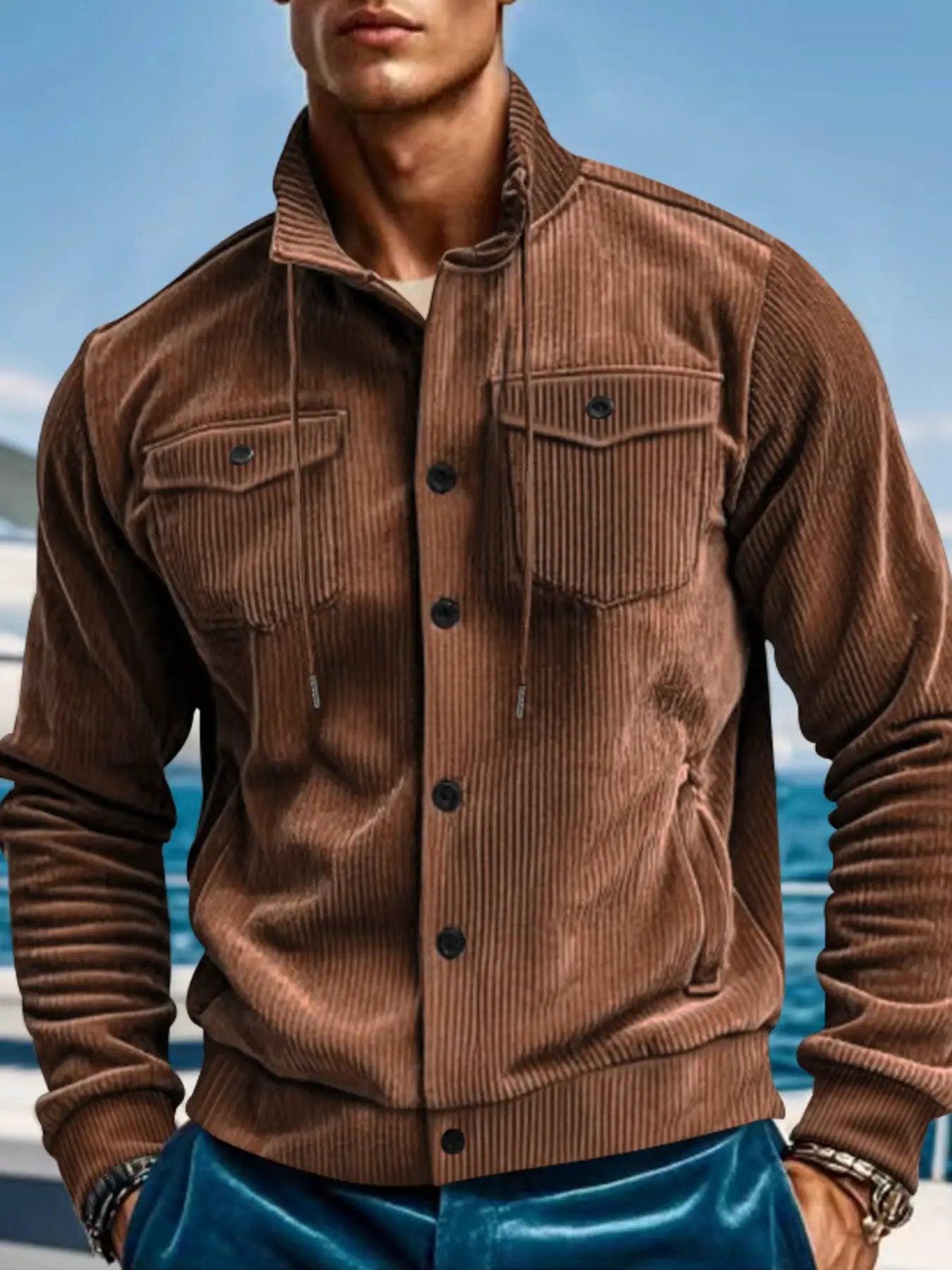 Men's Full Size Corduroy Button Up Casual Jacket Plus Size by Trendsi