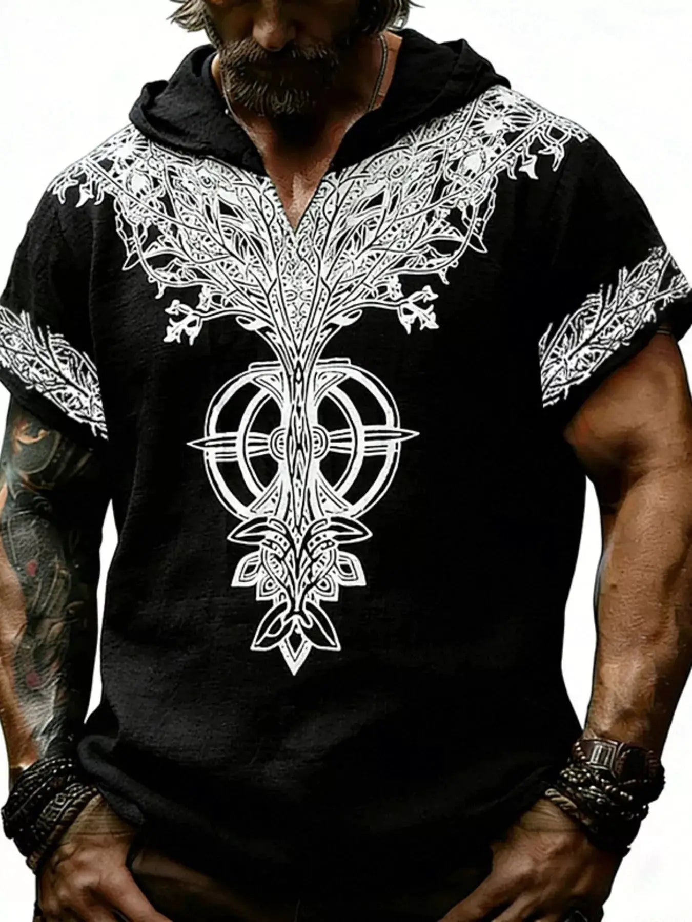 Men's Full Size Printed Hooded Short Sleeve Top Plus Size by Trendsi