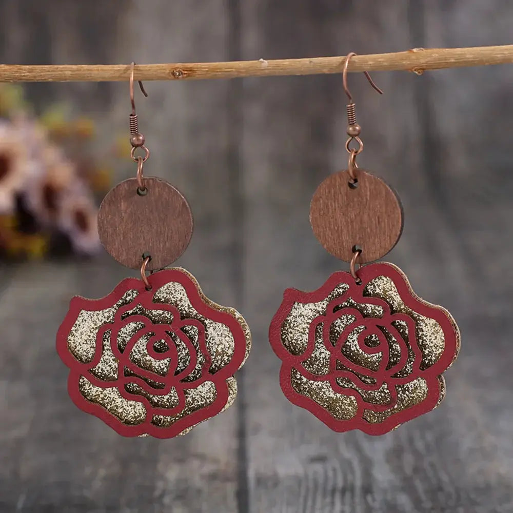Wooden Alloy Rose Shape Dangle Earrings by Trendsi