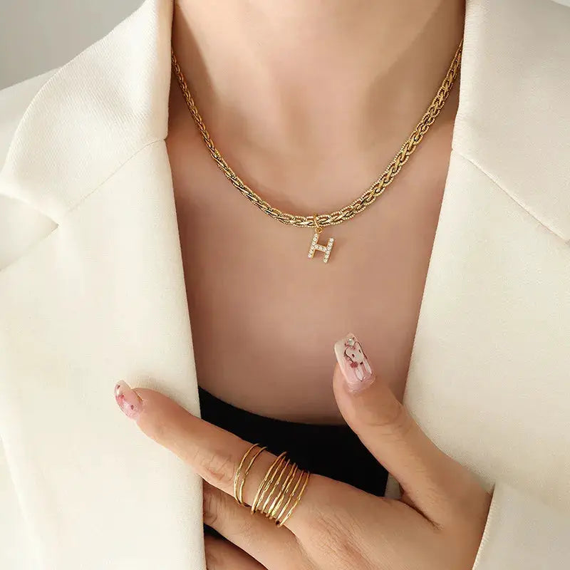 Brass Inlaid Zircon Letter Pendant Necklace by Trendsi