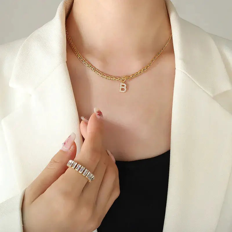 Brass Inlaid Zircon Letter Pendant Necklace by Trendsi