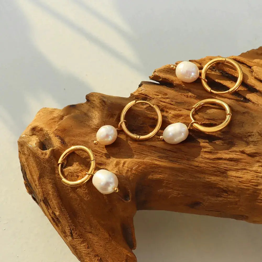 Gold-Plated Titanium Steel Pearl Earrings by Trendsi