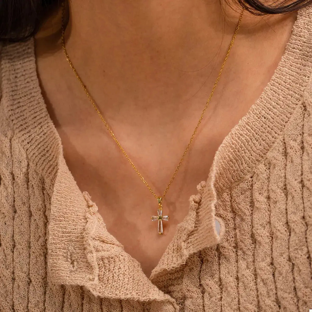 18K Gold-Plated Stainless Steel Zircon Cross Necklace by Trendsi