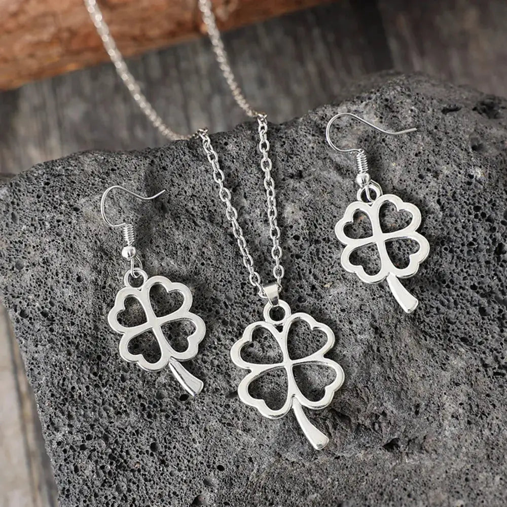 Lucky Clover Alloy Earrings and Necklace Jewelry Set by Trendsi