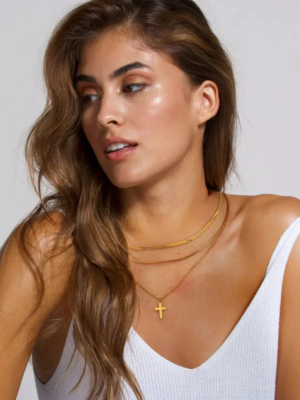 18K Gold-Plated Three-Layered Cross Necklace by Trendsi