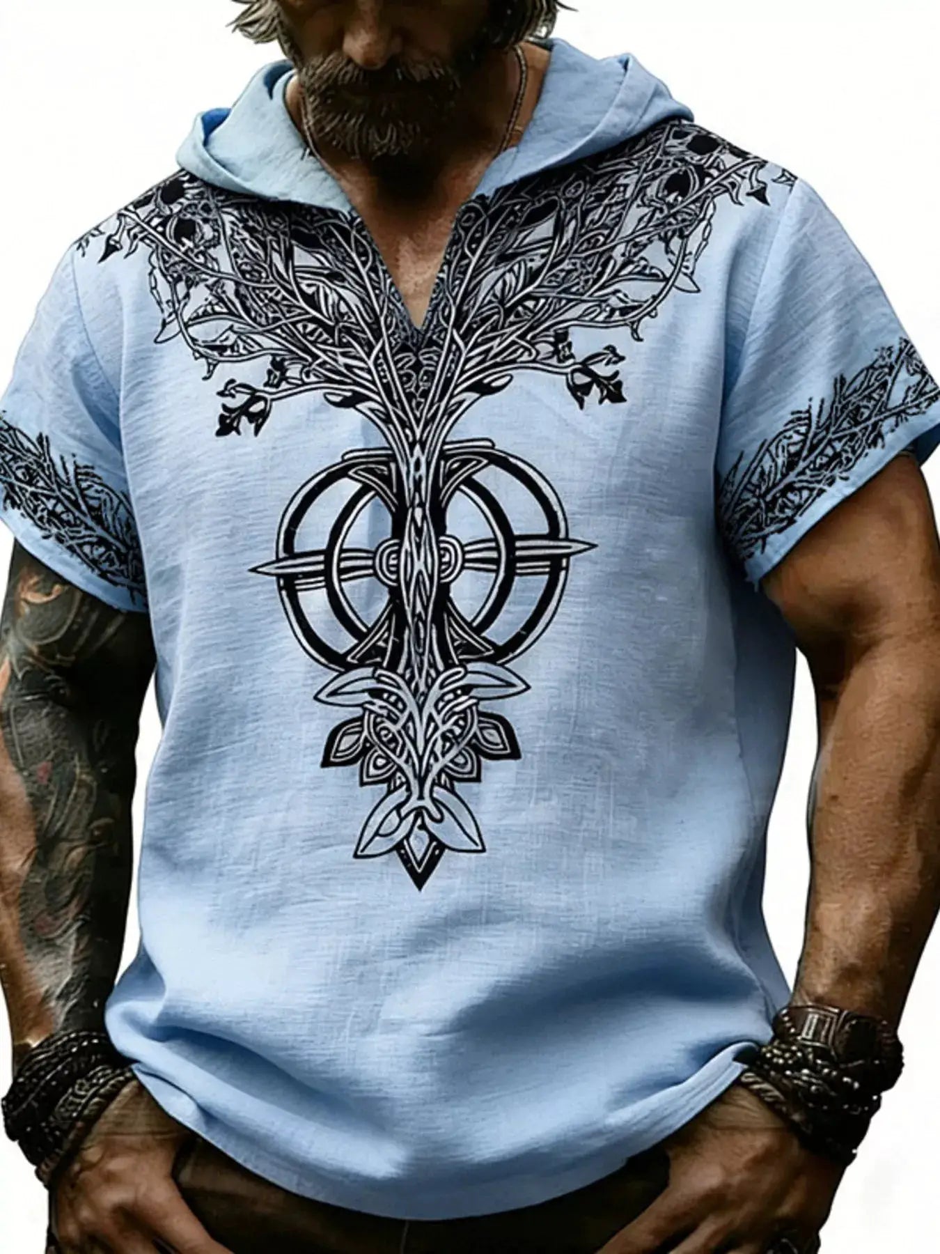 Men's Full Size Printed Hooded Short Sleeve Top Plus Size by Trendsi