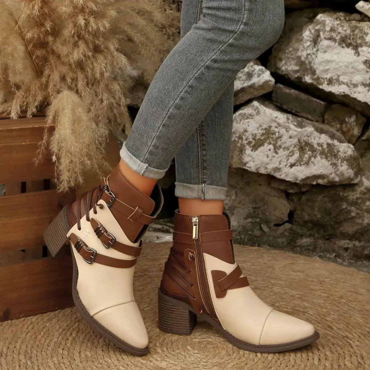 Point Toe Buckle Strap Ankle Boots with Block Heels by Trendsi