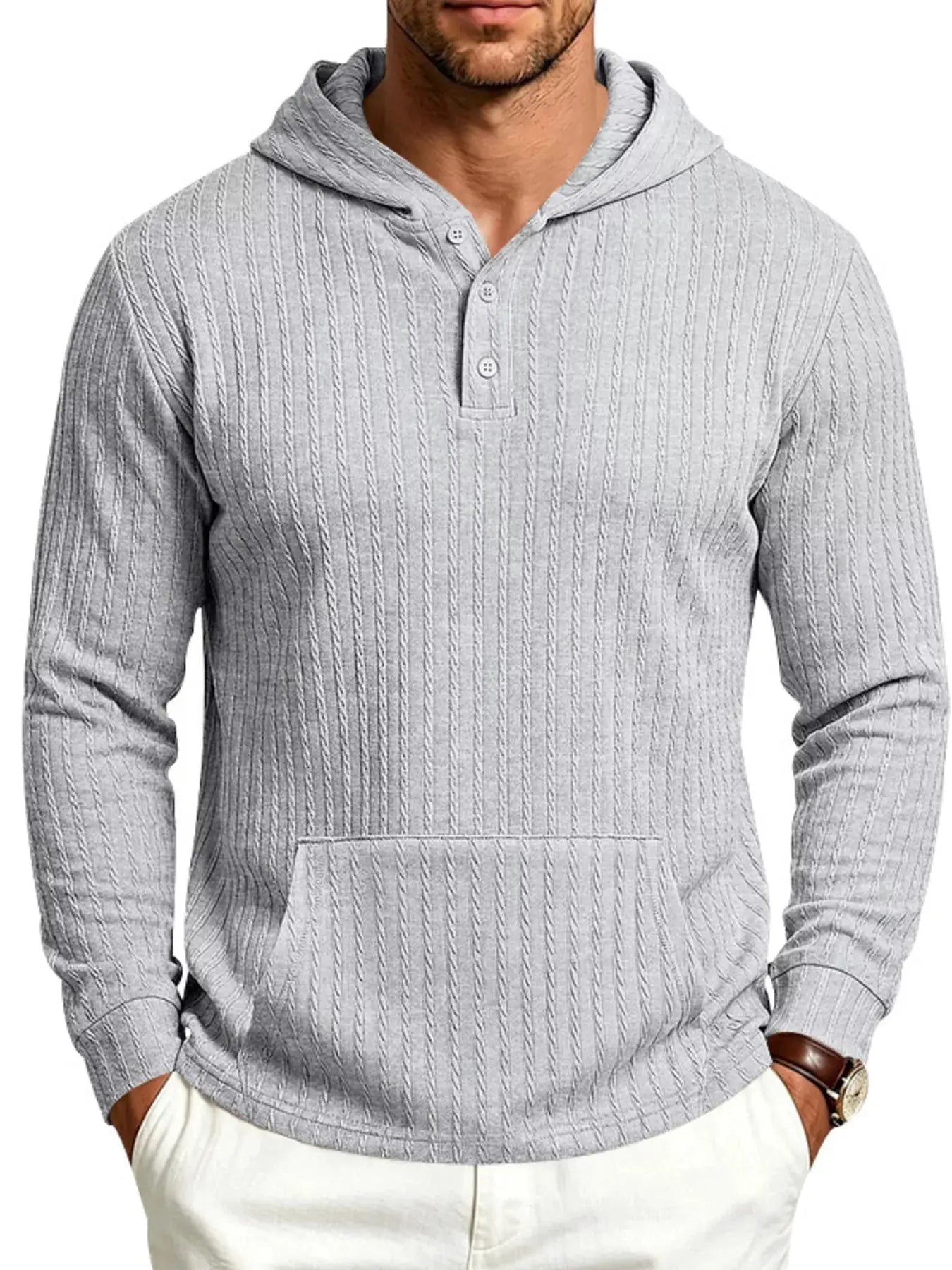 Men's Full Size Casual Kangaroo Pocket Knit Hoodie Plus Size by Trendsi