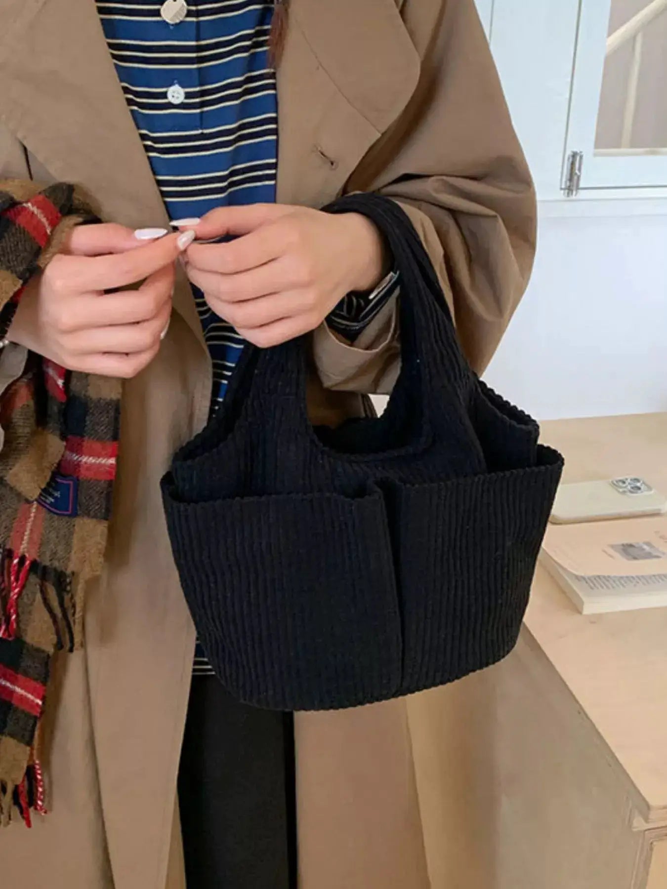 Corduroy Solid Color Handbag by Trendsi