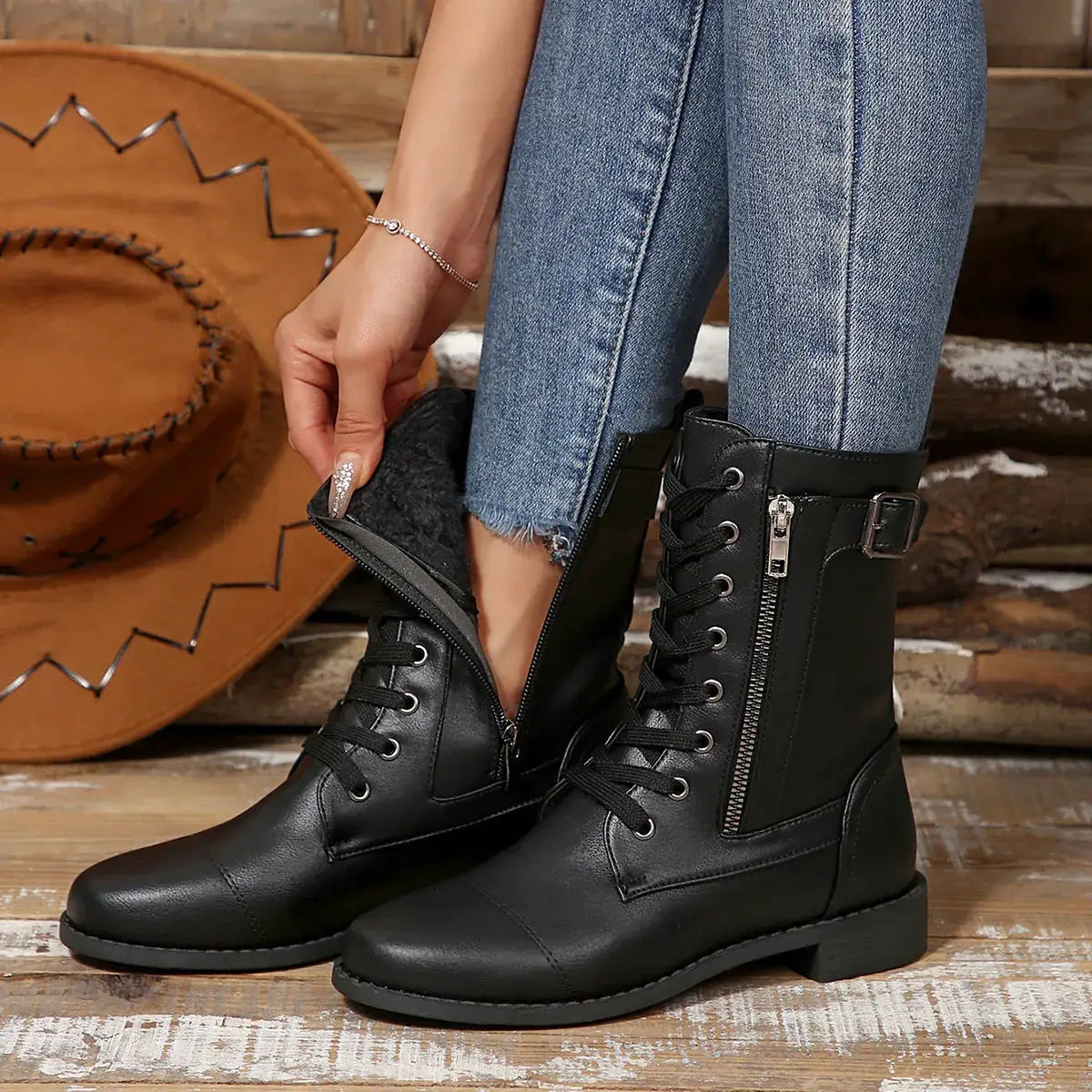 Round Toe Lace Up Block Heels Boots by Trendsi